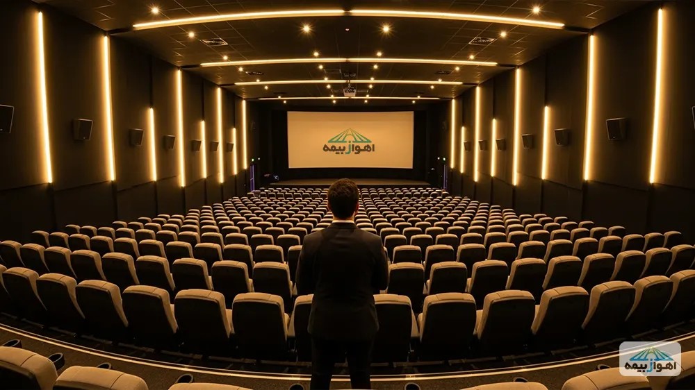 بیمه مسئولیت مدیر سینما؛ تصویری از یک سالن سینمای مدرن و امن با لوگوی اهوازبیمه.