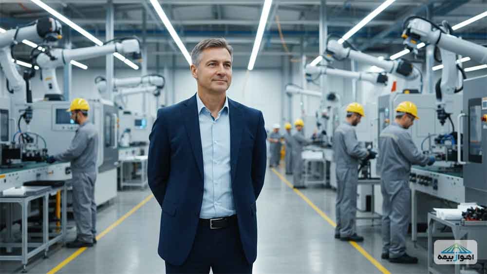 تصویر یک کارفرمای مرد در محیط صنعتی که نمادی از بیمه مسئولیت کارفرما در قبال کارکنان است